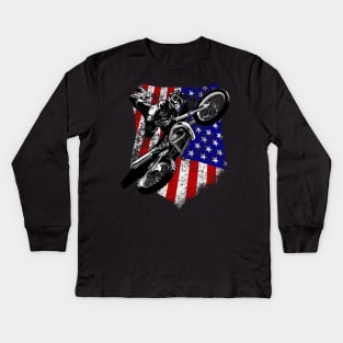 Motocross Dirt Bike American Flag Kids Long Sleeve T-Shirt